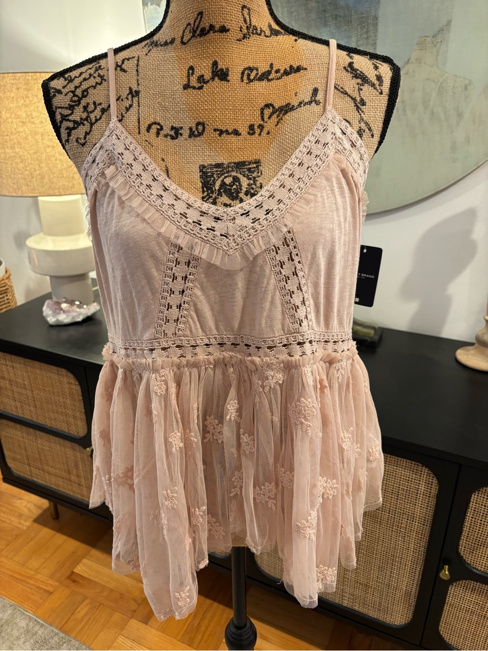 Lucky Brand Blush Pink Lace-Trim Peplum Tank